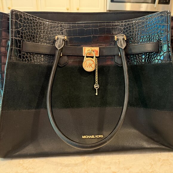 EUC Authentic Michael Kors Black Leather/ Suede / Croc Embossed Hamilton Tote - Picture 2 of 10